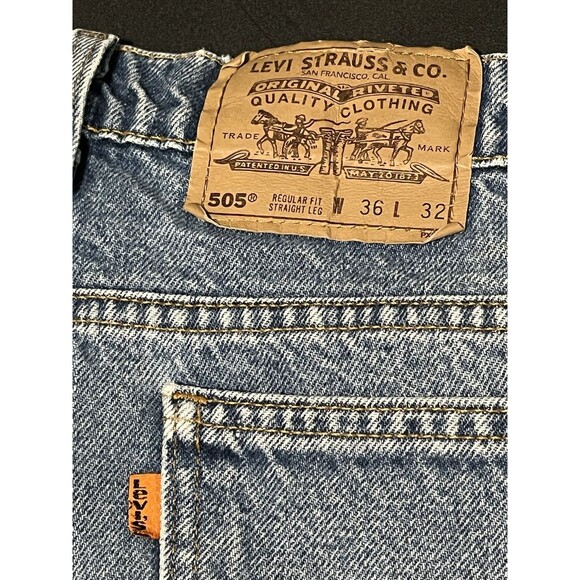 Vintage 90s Distressed Levis 505 Orange Tab Regular Straight USA Jeans 35 x 31.5 - Picture 4 of 10